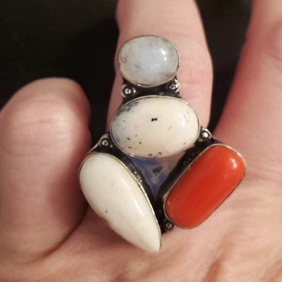 New Dendritic Opal, Coral, Rainbow Moonstone 925 Silver Statement Ring. - Picture 13 of 14